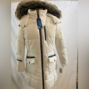 Nautica Women's winter white Puffer Jacket size S NWT FAUX FUR HOOD